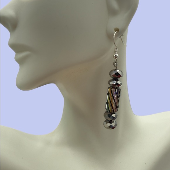 Handmade Jewelry - Artisan Metallic Silver Beads & Multicolor Dichroic Glass Dangle Earrings